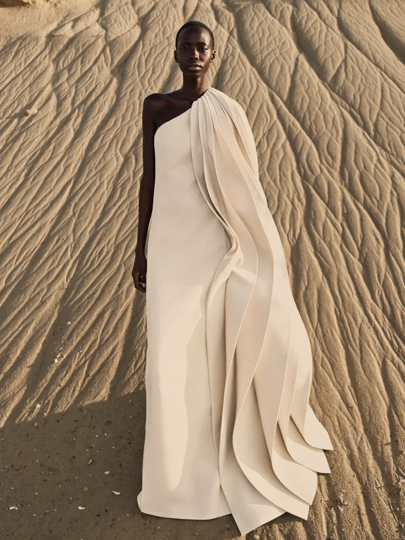 Look III, Cascade — a column dress in silk faille with a pleated cape falling from the left shoulder in nine blades