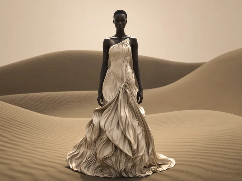 Look IV, Alluvion — bias-cut gown whose pleated skirt pools across the sand, the model standing between two dune waves