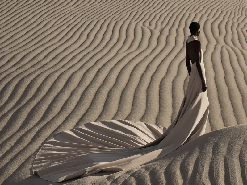 Look VI, Sillage — seen from behind at the dune crest, a backless gown whose pleated train fans for metres across rippled sand